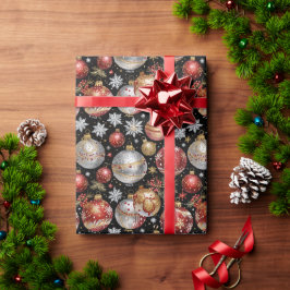 Papel De Presente Dark Ornament Wrapping Paper with Silver, Gold Red