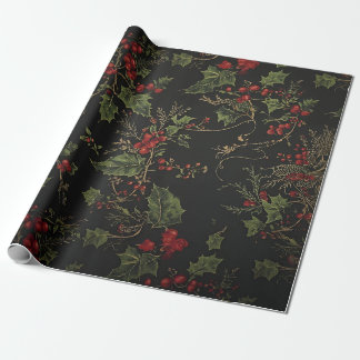 Papel De Presente Dark Victorian Crimson Berries & Gold Vine Wrappin