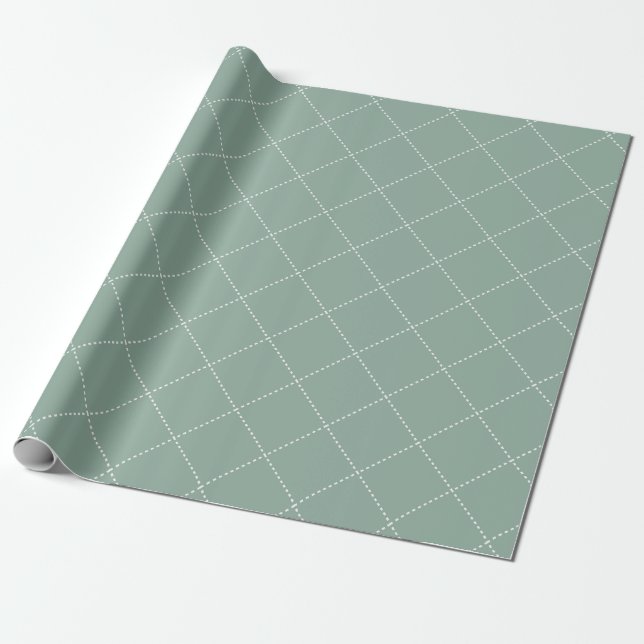 Papel De Presente Dashed Diamond Grid Geometric Muted Sage Green (Desenrolado)