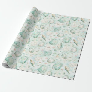 Papel de Presente de Água Marinha com Conchas Esti