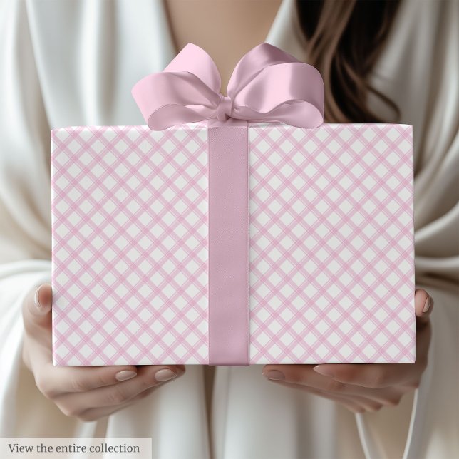 Papel de Presente de Aniversário Xadrez Rosa Claro (Trendy Light Pink & White Plaid Birthday Gift Wrap)