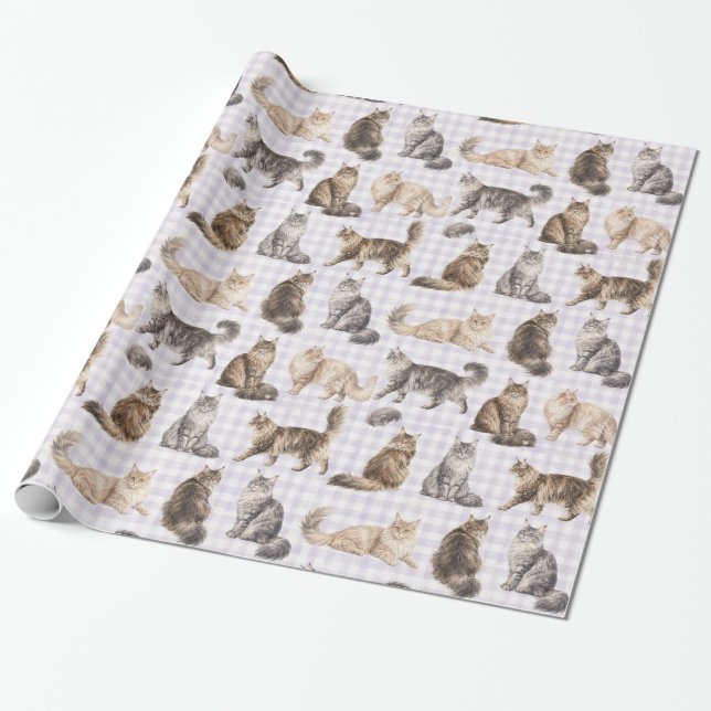 Papel de Presente de Aquarela com Gato de Cabelo C (Desenrolado)
