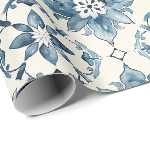 Papel de Presente de Azulejo Floral Azul