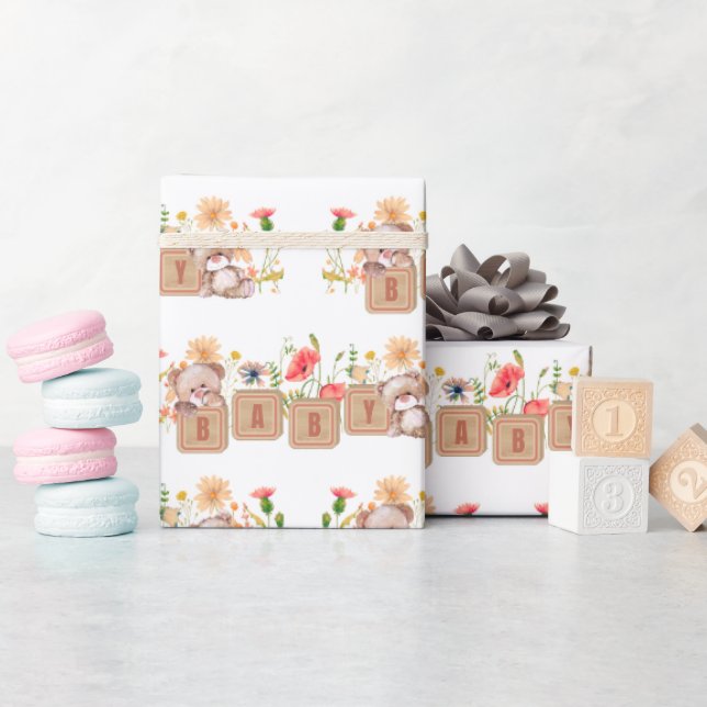 Papel de Presente de Blocos de Bebê, Ursos e Flore (Chá de bebê)