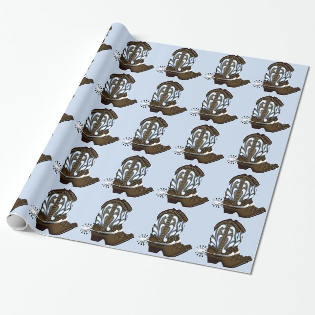Papel de Presente de Bota de Cowboy Marrom e Azul (Desenrolado)