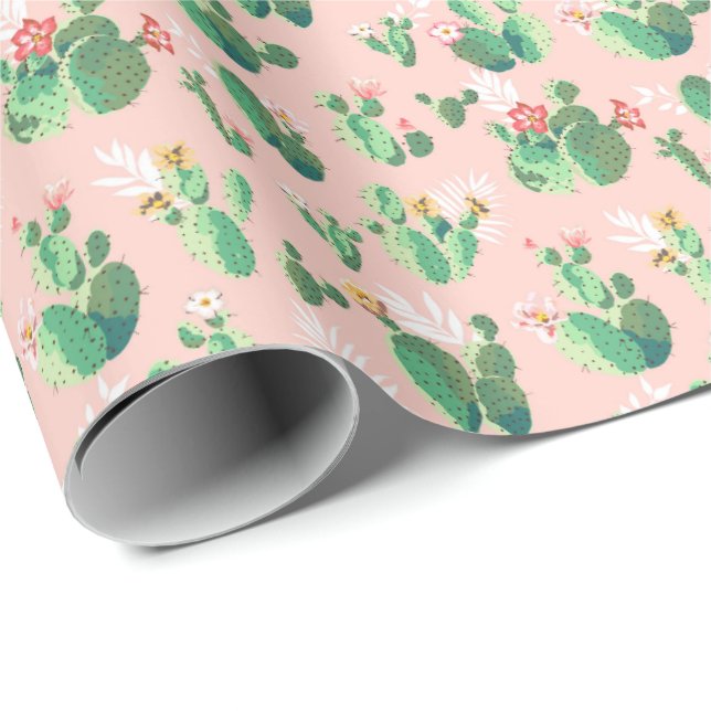Papel de presente de cacto rosa e azul sudoeste (Ponta do rolo)