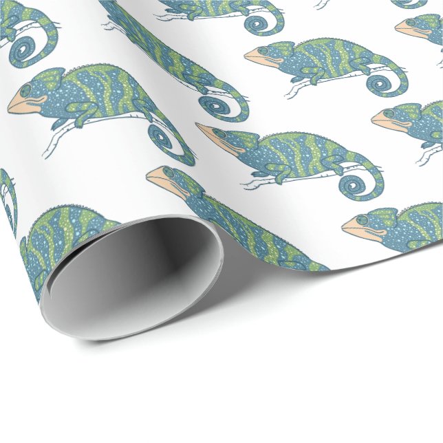 Papel de Presente de Camaleão Lagarto Azul e Verde (Ponta do rolo)