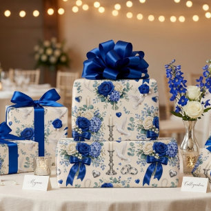 Papel de Presente de Casamento Floral Dourado Azul