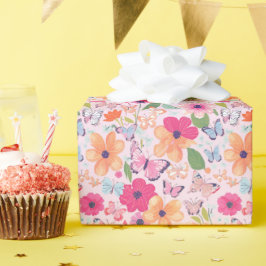 Papel de Presente de Flores Cor-de-Rosa e Borbolet
