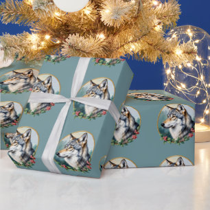 Papel de Presente de Lobo da Arte Popular Azul Sua