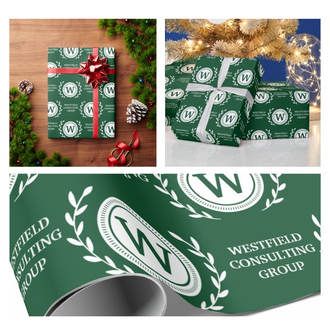 Papel de Presente de Luxo com Monograma para Negóc (business elegant monogram wrapping paper holiday green festive christmas party best promotional work)