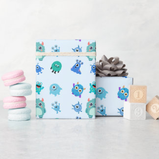 Papel de Presente de Monstro Fofo Azul para Menino