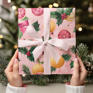 Papel de Presente de Natal com Citrinos Rosa em Aq