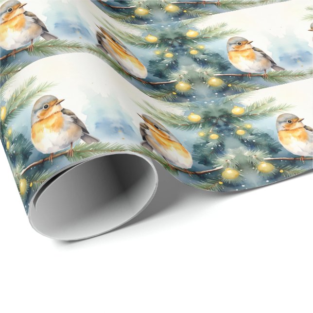 Papel de presente de Natal com Robin em Aguarela n (Ponta do rolo)