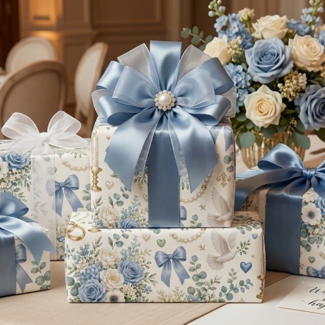 Papel de Presente de Noiva com Flores em Azul Poei (Criador carregado)