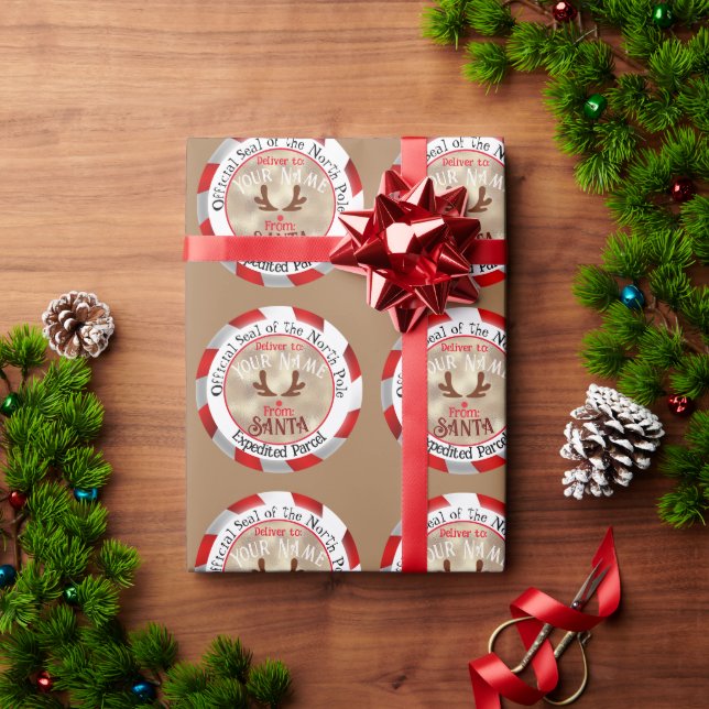 Papel De Presente De Papai Noel Selo Oficial Rudolph em Marrom Claro (Presente de Natal)
