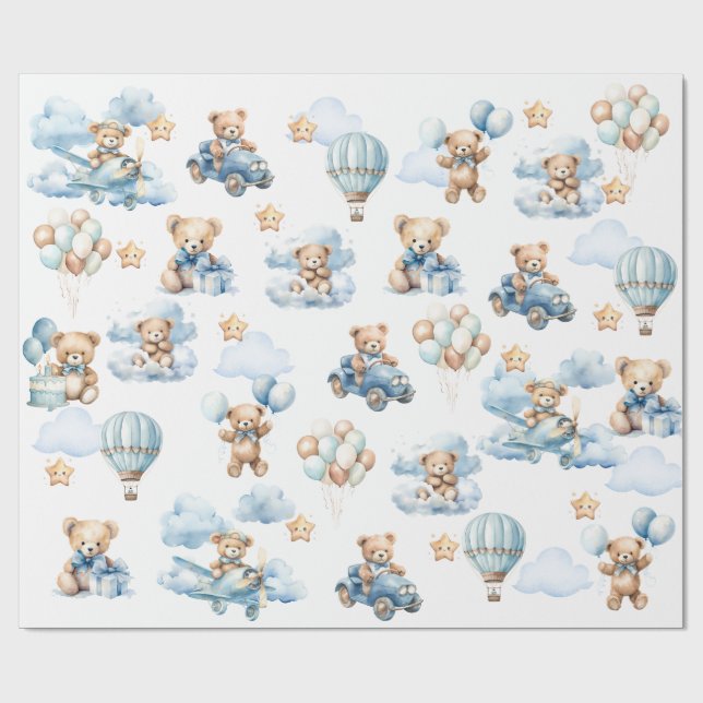 Papel de Presente de Urso Teddy em Aquarela com Te (Aberto)