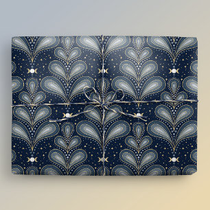 Papel De Presente Deco Celestial de Arte Elegante Azul e Dourada