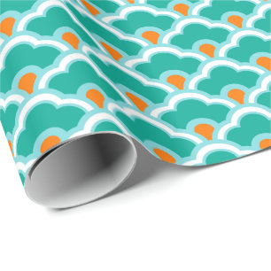 Papel De Presente Deco Chinês Escalços, Teal, Aqua e Coral