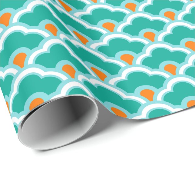 Papel De Presente Deco Chinês Escalços, Teal, Aqua e Coral (Ponta do rolo)
