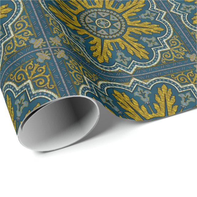 Papel De Presente Deco do Ponto de Estrela Azul e Dourado (Ponta do rolo)