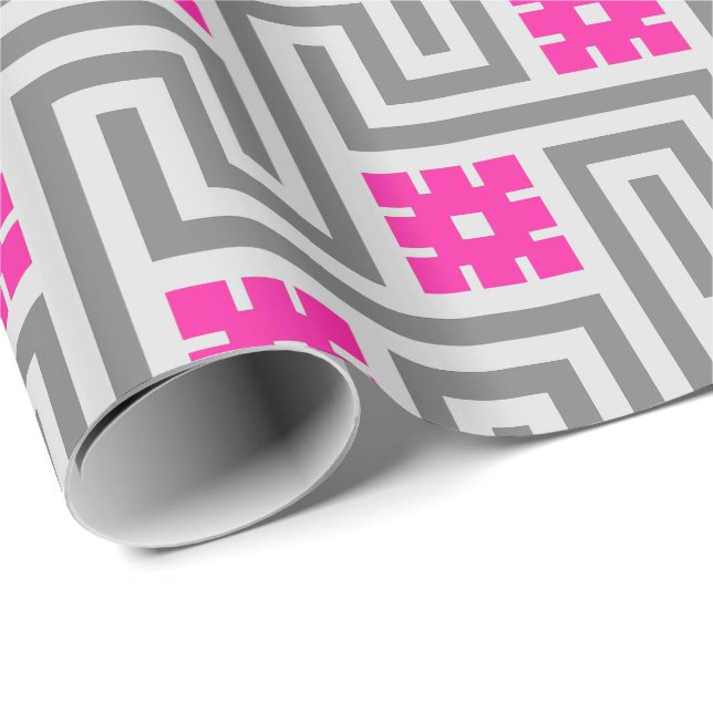 Papel De Presente Deco Greek Key, Cinza e Rosa Fúcsia (Ponta do rolo)