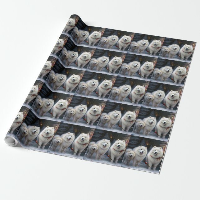 Papel De Presente Decoração de Natal Trenó de Neve Samoyed (Desenrolado)