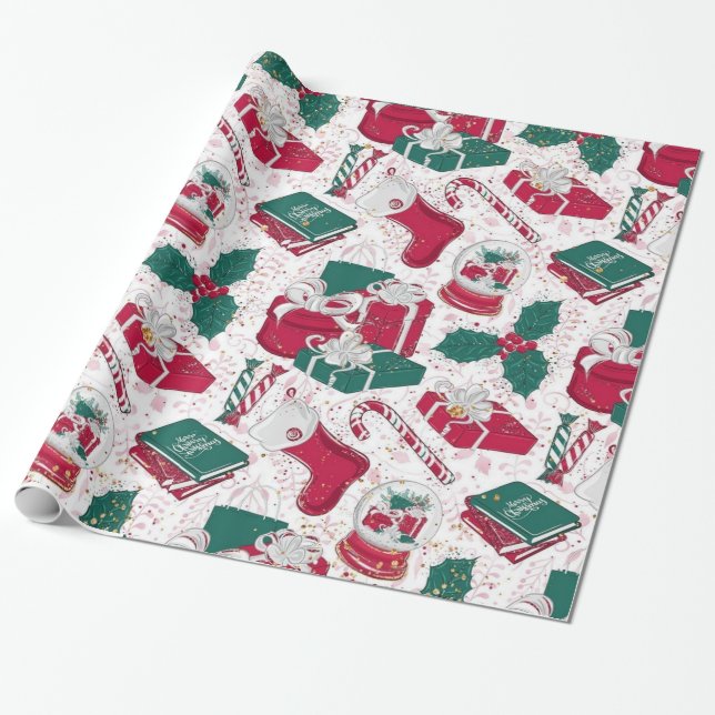 Papel De Presente decoração de natal vermelha branca  (Desenrolado)