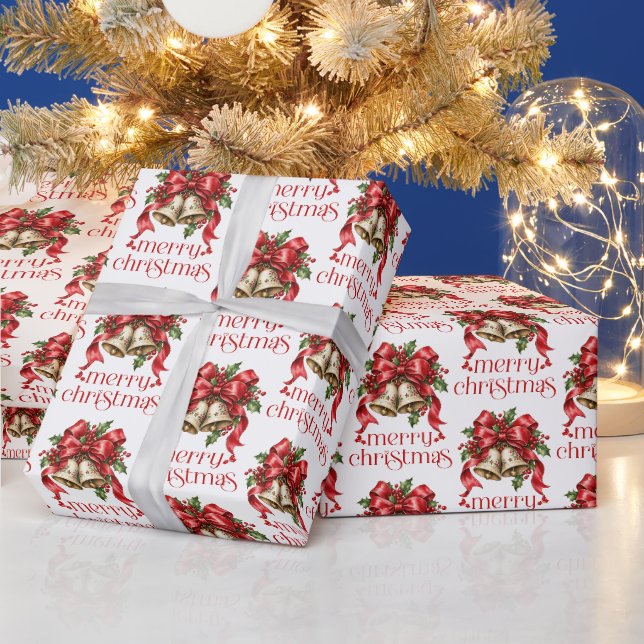 Papel De Presente Decoração de Sininhos de Natal e Azevinho (Feriados)