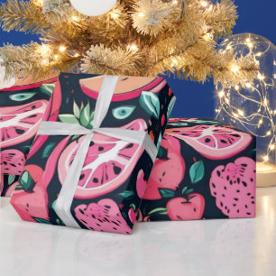 Papel De Presente Decoração preta de frutas rosa