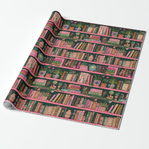 Papel De Presente Decorações de Livros Plantas na Prateleira Rosa Pr