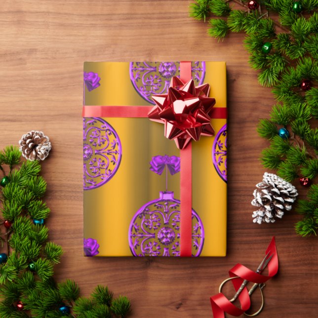 Papel De Presente Decorações de Natal Roxo em Dourado (Criador carregado)
