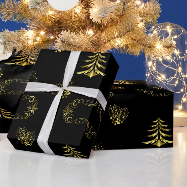 Papel De Presente Decorações Douradas no Natal Preto (Feriados)
