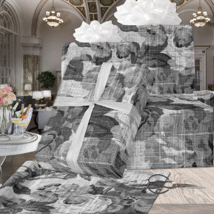 Papel De Presente Decoupage Botânica de Banho Floral Preto e Branco