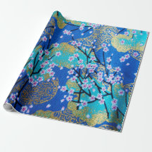 Decoupage de Flor de Cereja Dourada Azul Japonês