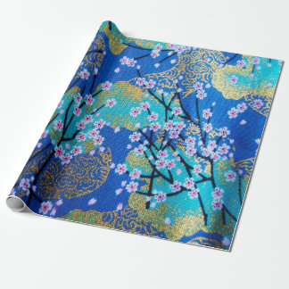 Papel De Presente Decoupage de Flor de Cereja Dourada Azul Japonês