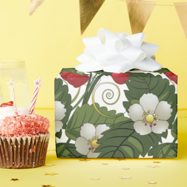 Papel De Presente Decoupage de Morangos Vermelhos e Folhas Verdes (Festa de aniversário)