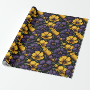 Papel De Presente Decoupage de Padrão de Flor Roxo e Amarelo