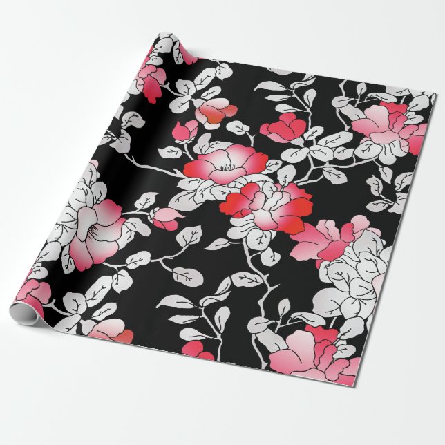 Papel De Presente Decoupage Floral Preto Vermelho Elegante (Desenrolado)