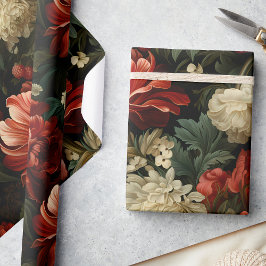 Papel De Presente Decoupage Floral Vermelha e Creme no Natal Elegant