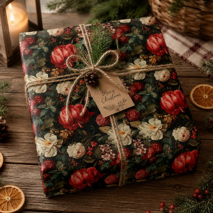 Papel De Presente Decoupage Floral Vintage em Vermelho e Creme