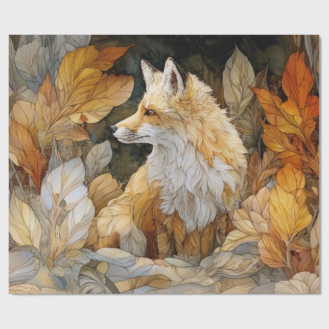 Papel De Presente Decoupage Raposa com Folhas de Outono Art Nouveau (Aberto)
