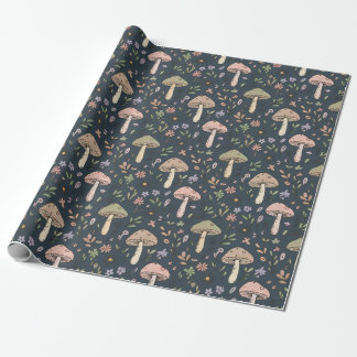 Papel De Presente Deep Slate Blue Moody Mushroom Seamless Pattern
