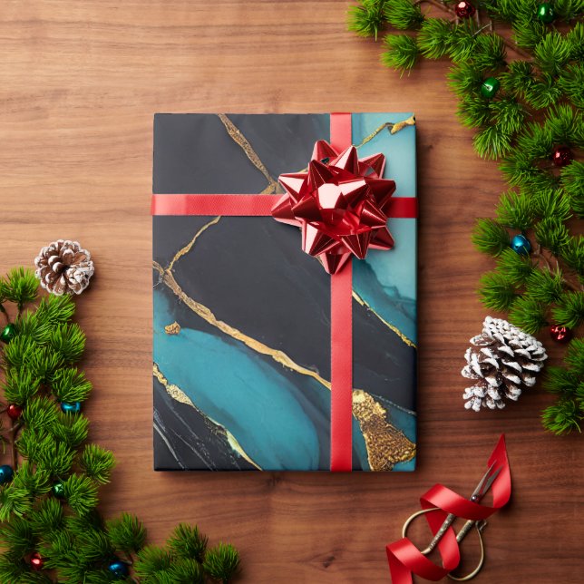 Papel De Presente Deep Teal Marble with Bold Gold Veins (Presente de Natal)