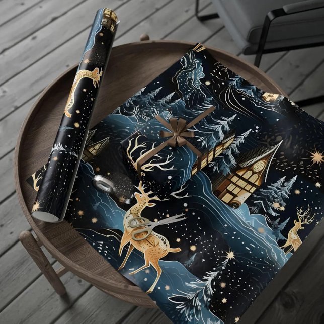 Papel De Presente Deers Dark Blue Forest Noite de inverno (Criador carregado)
