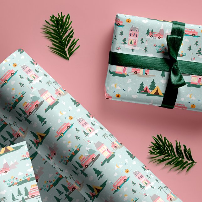 Papel De Presente Deixe A Aventura Começar A Tocar O Retro Van Viage (Let The Adventure Begin Chic Pink Retro Van Travel Wrapping Paper)