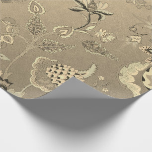 Papel De Presente Delicado Floral Jardim Oriental Dourado Sepia Foxi