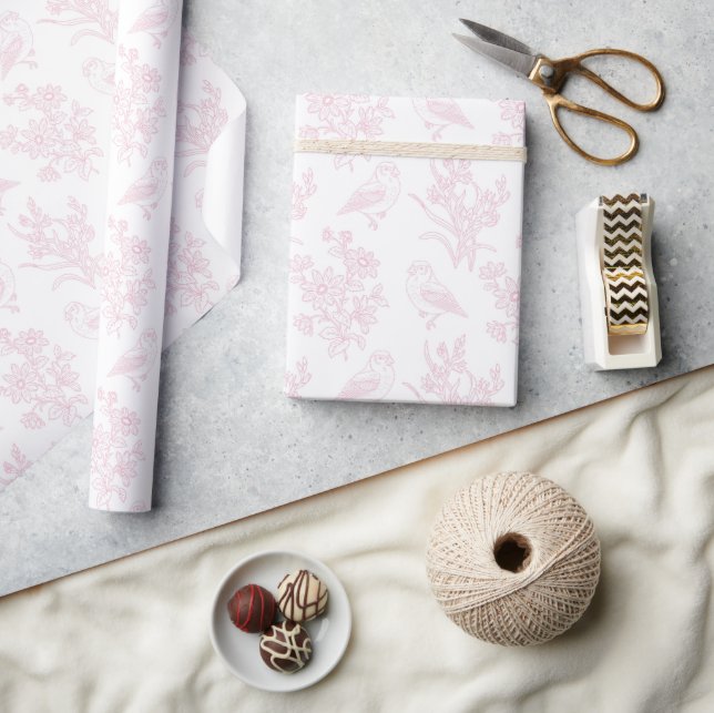 Papel De Presente Delicado Floral Rosa Pássaro Linha Arte Chuva de N (Artesanato)