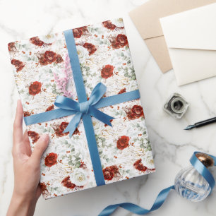 Papel De Presente Delicado Vermelho Borgonha Floral Botânico Folha d