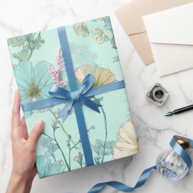 Papel De Presente Delicate Pastel Wildflower Mint Floral Pattern (Presentear)